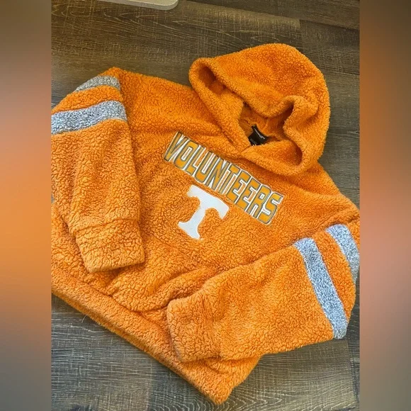 Orange Fuzzy Hoodie with Gray Stripes - Picture 1 of 5